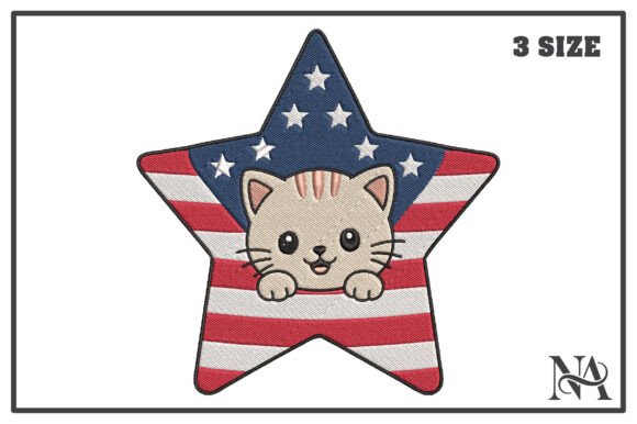 Patriotic USA Flag Star Cat Embroidery
